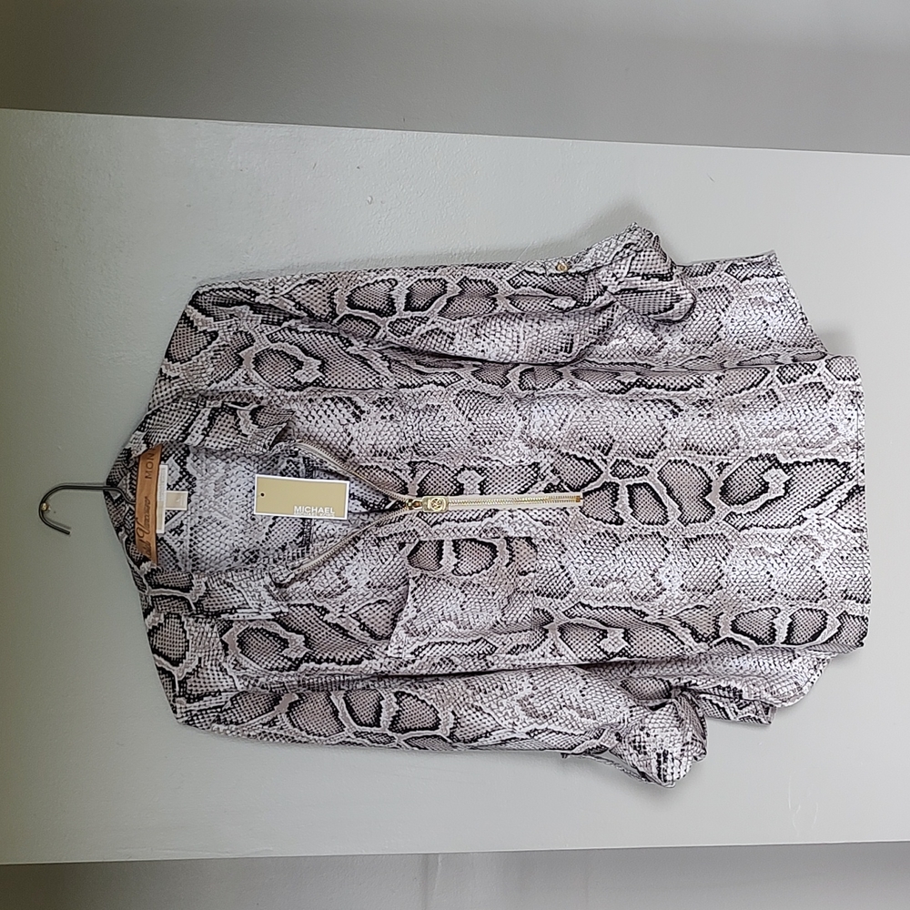 NWT! Michael Kors Logo Snake Print Zippered Blouse Foldover Sleeves - Picture 4 of 8